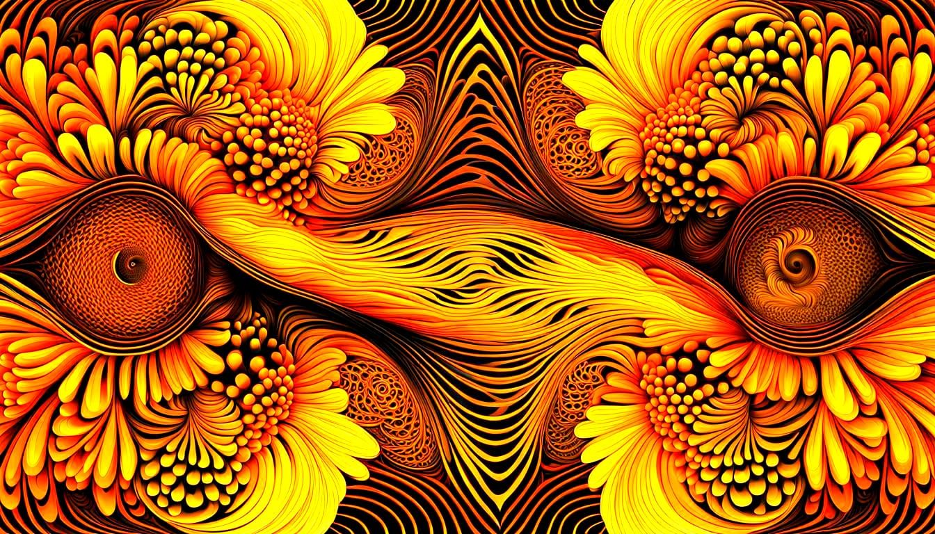 Abstract Fractal Mums in Electric Orange and Yellow