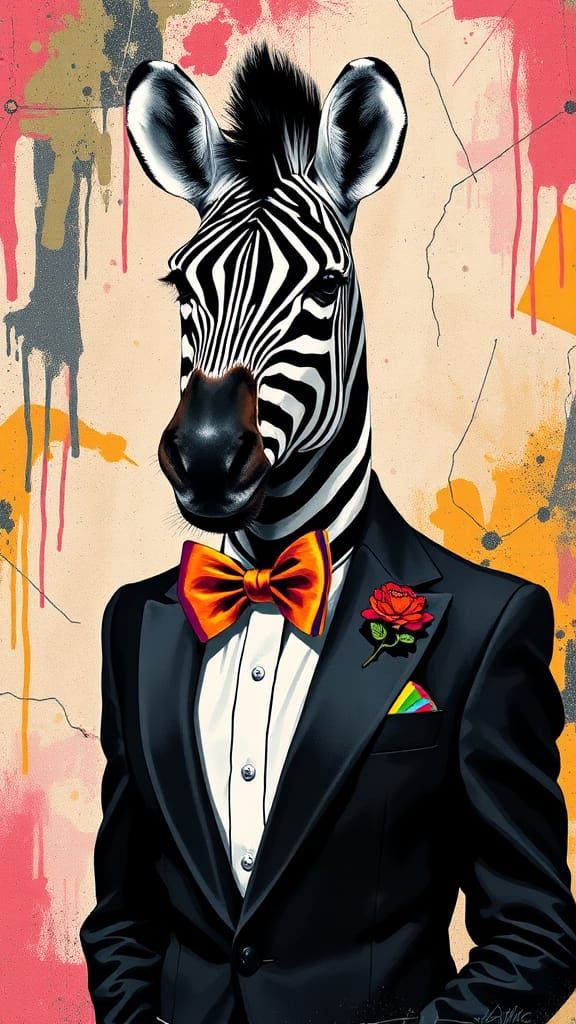 Zebra in Tuxedo: Vibrant Stencil Art