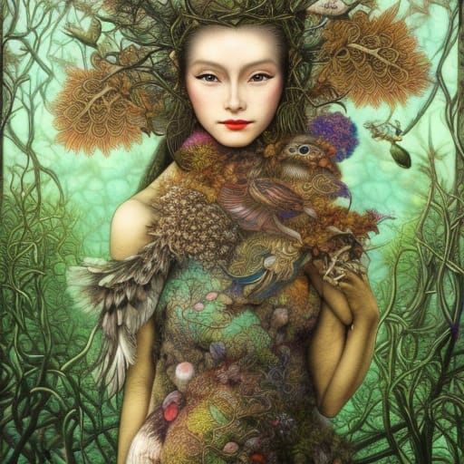 Owl-Human Hybrid in Mycelium Network, Fashion Magazine Art