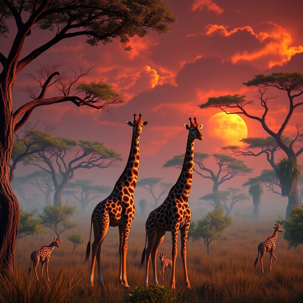 Surreal Savannah Scene with Towering Giraffes in Vibrant Col...