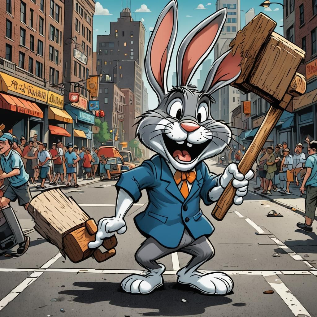 Bugs Bunny Hit by Mallet in Cartoon Style