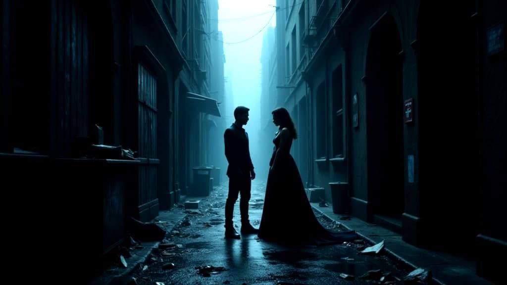 Vampire and Ethereal Woman in Misty Alley