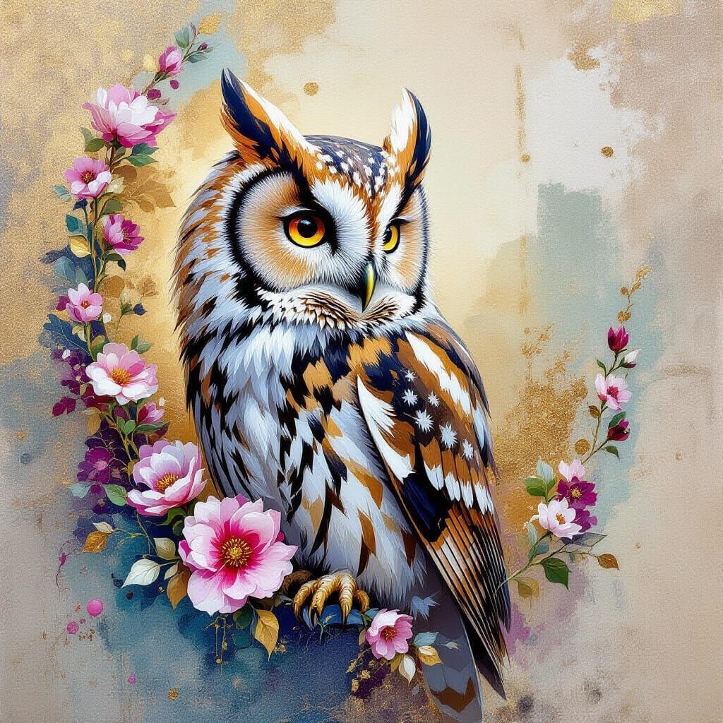 Surreal Impasto Owl Portrait with Flowers and Geometry