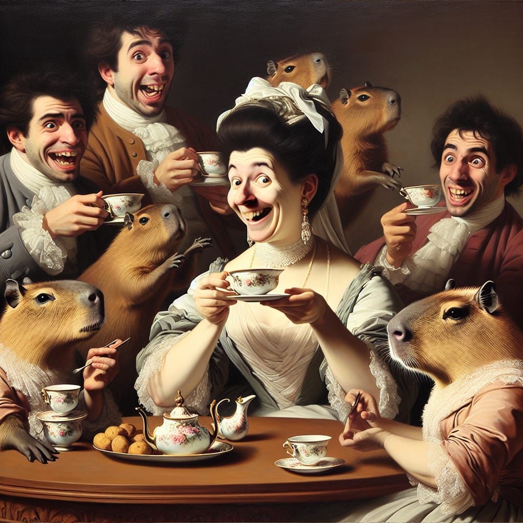Comedic Tea Party with Capybaras in Rococo Style