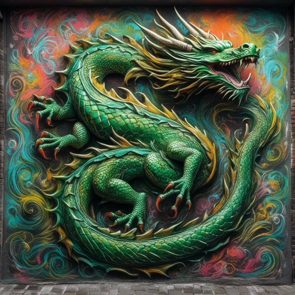 Chalk art green dragon