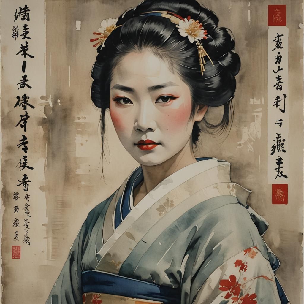 Geisha Portrait in Watercolor Style with Muted Colors