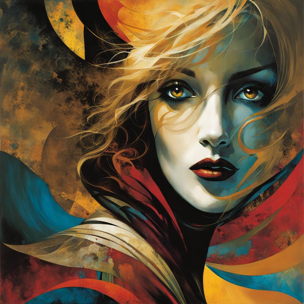 A lady, by Dave McKean : open eye : vibrant, high contrast, warm colors