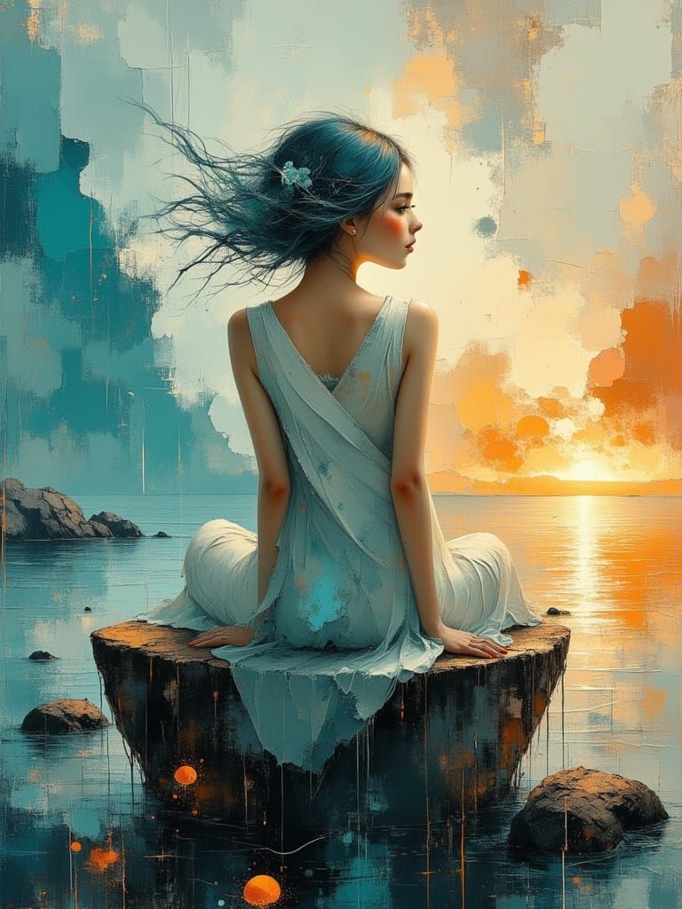 Elegant Woman by Sea in Soft Oil Painting Style