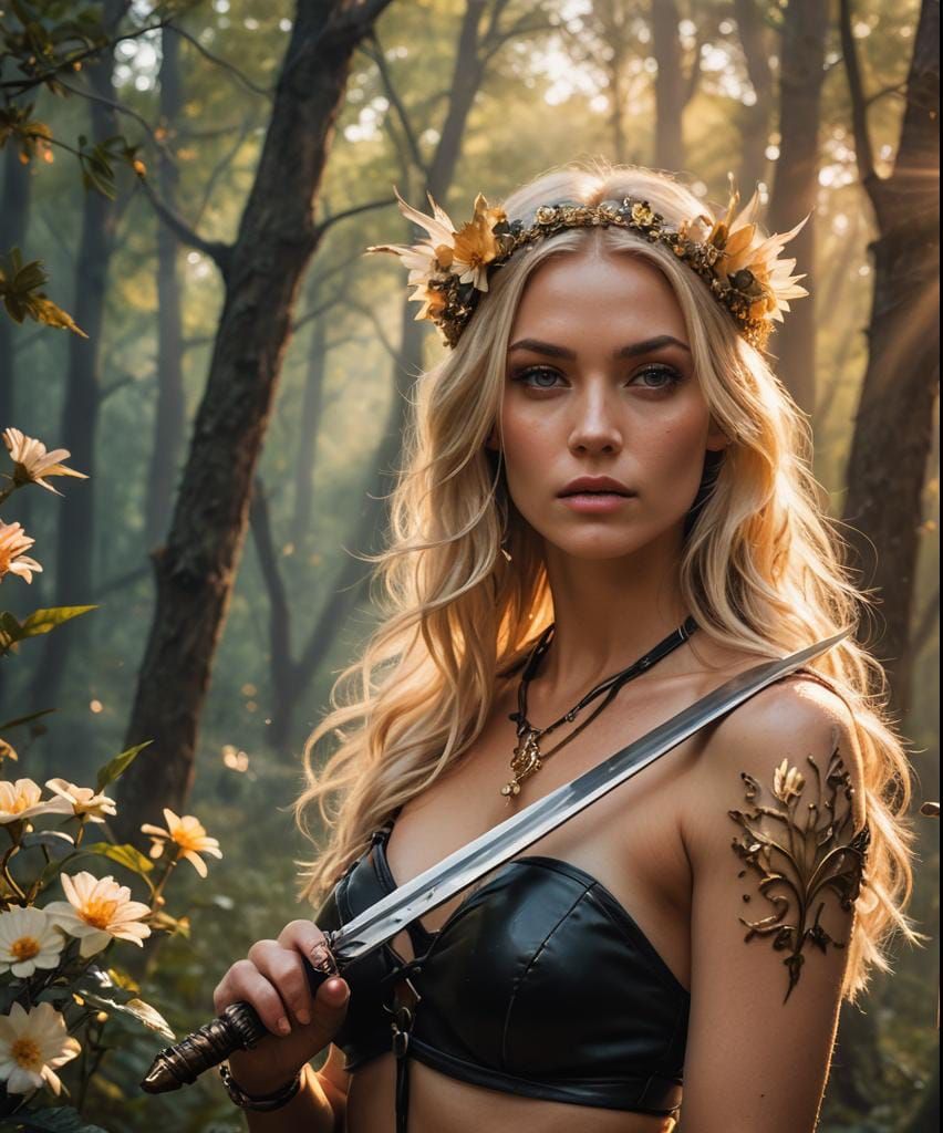 Blonde Woman with Sword in a Heavenly Forest