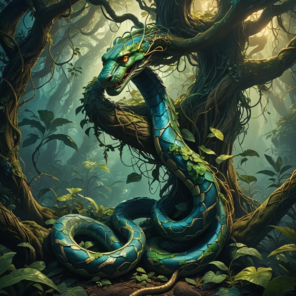 Serpent in Jungle Foliage: Fantasy Concept Art