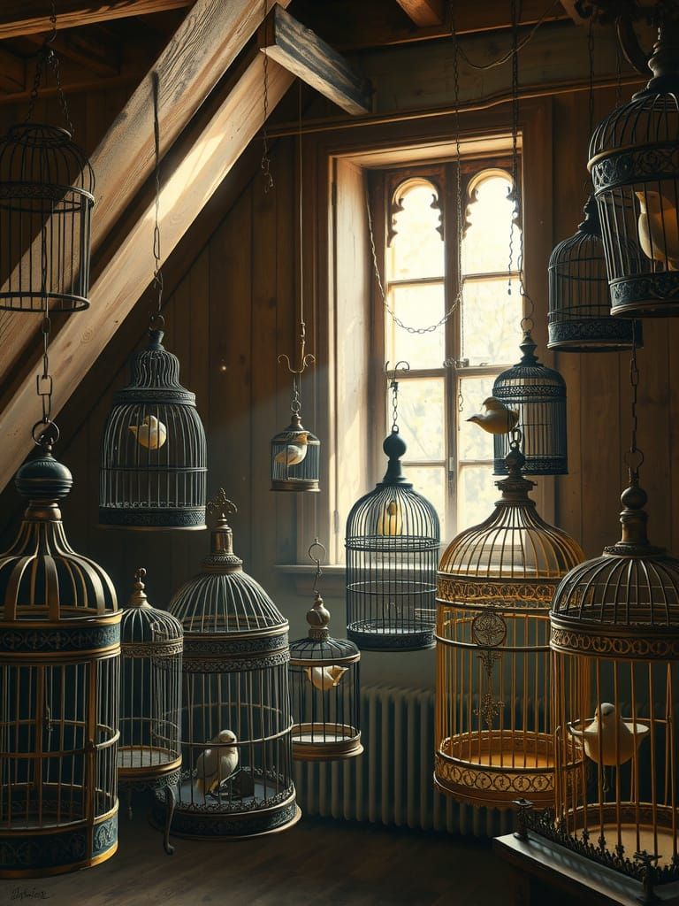 Antique Birdcages in Sunlit Attic