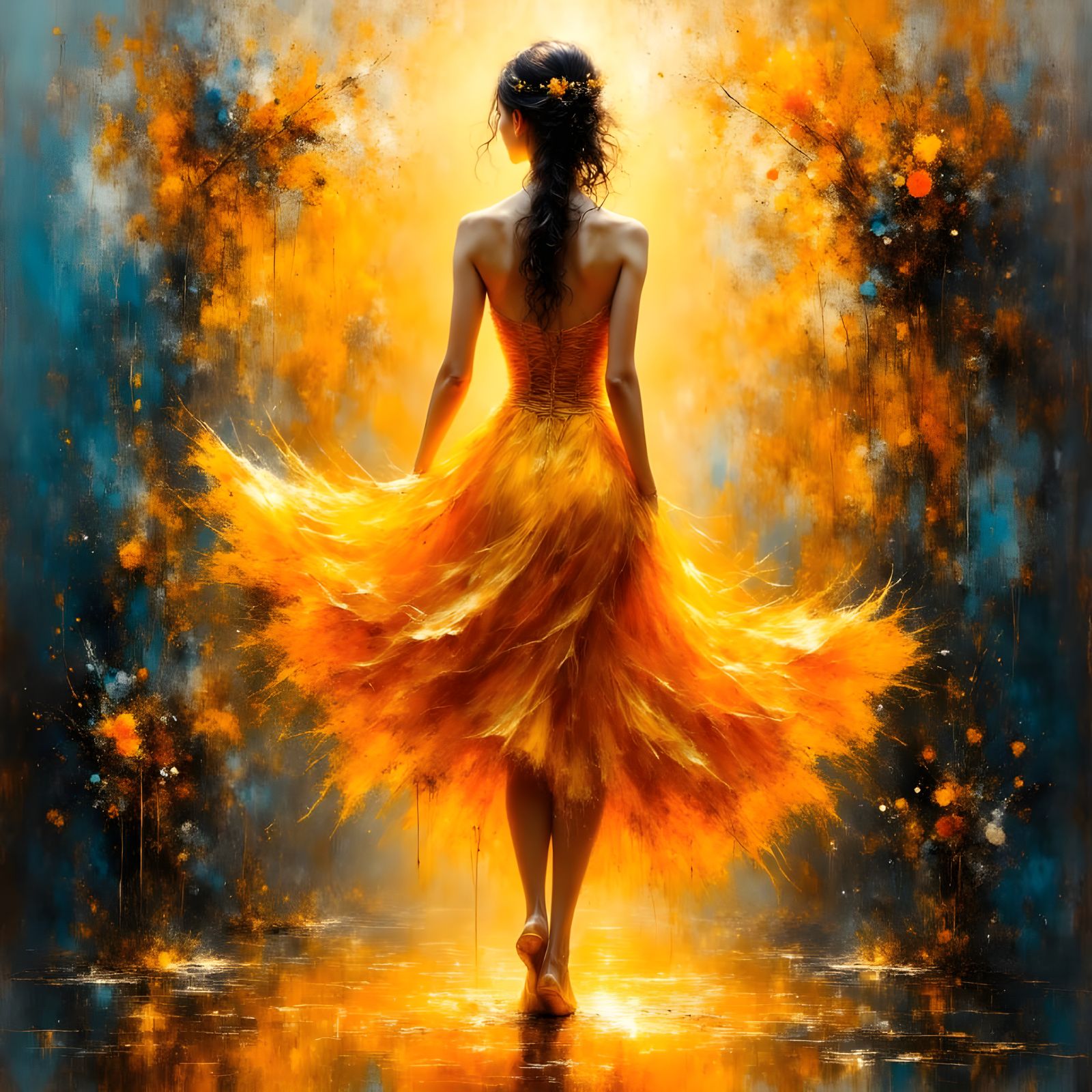 Honey Woman in Ballet Pose, Textured Impasto Style