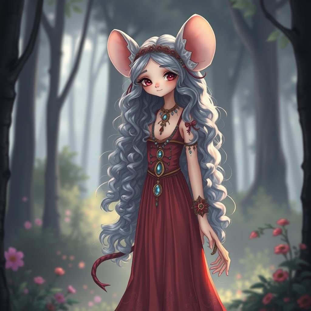 Anime Mouse Girl in Forest with Silver Hair