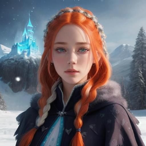 Princess Before Glowing Ice Castle in Snowy Mountains