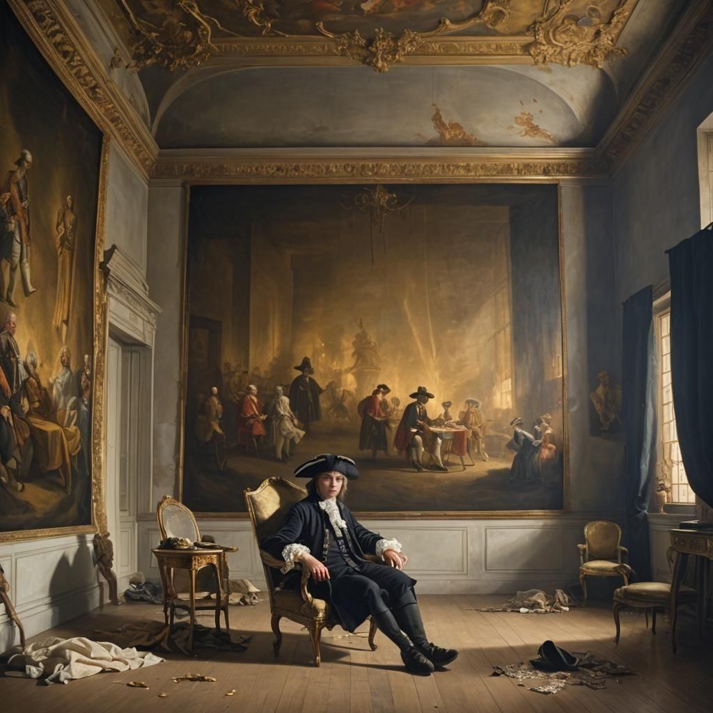 Man in Tricorne Hat in Vast Shadowy Room