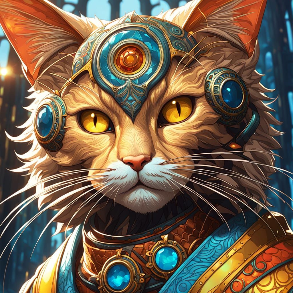 Epic Ninja Cat Portrait in Vibrant Triadic Colors