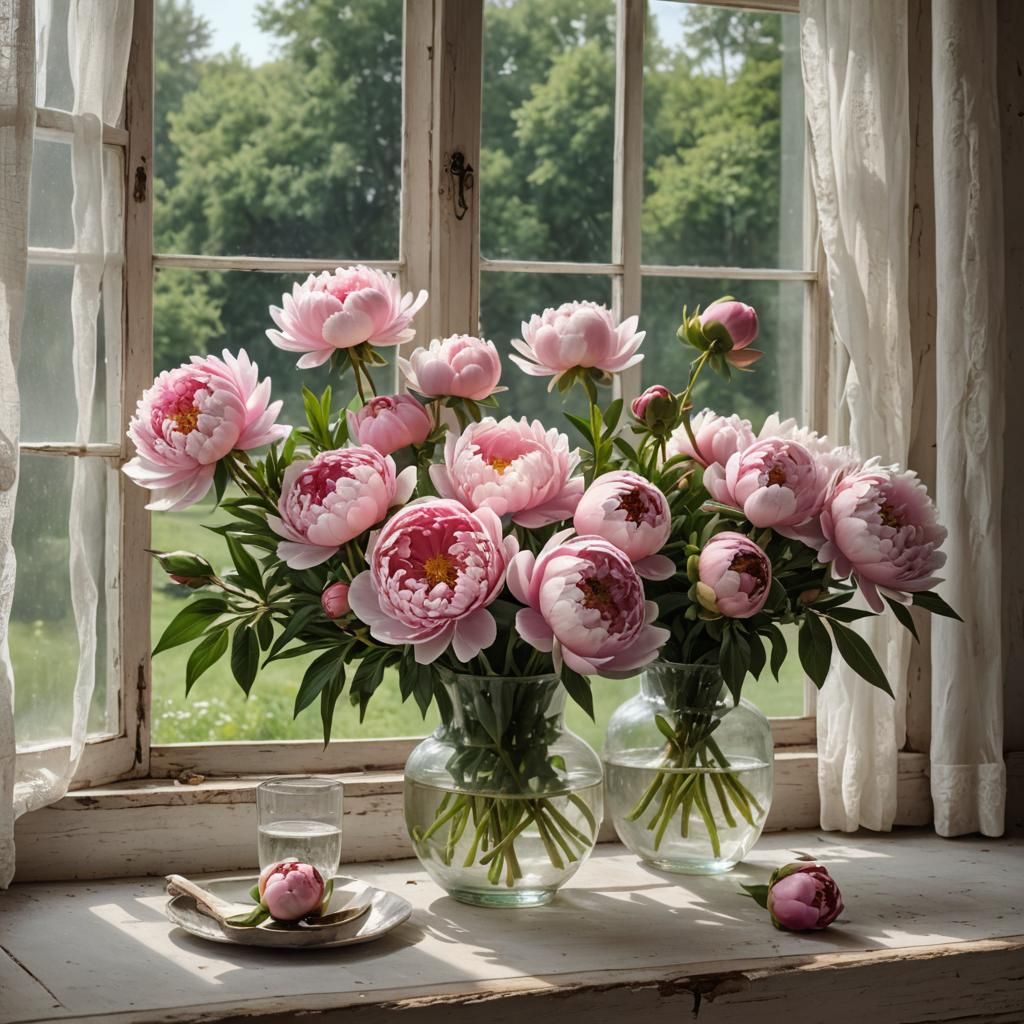 Peonies in Vase on Farmhouse Window: Matte Painting