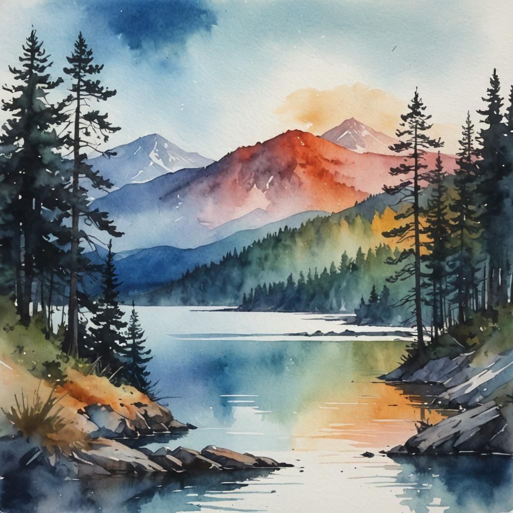 Tritone Watercolor Landscape with Silhouetted Lakeshore
