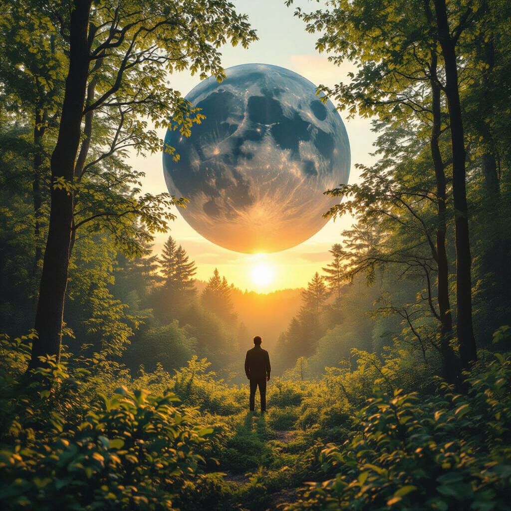 Double Exposure: Forest Meets Planet in Hyperrealistic Style