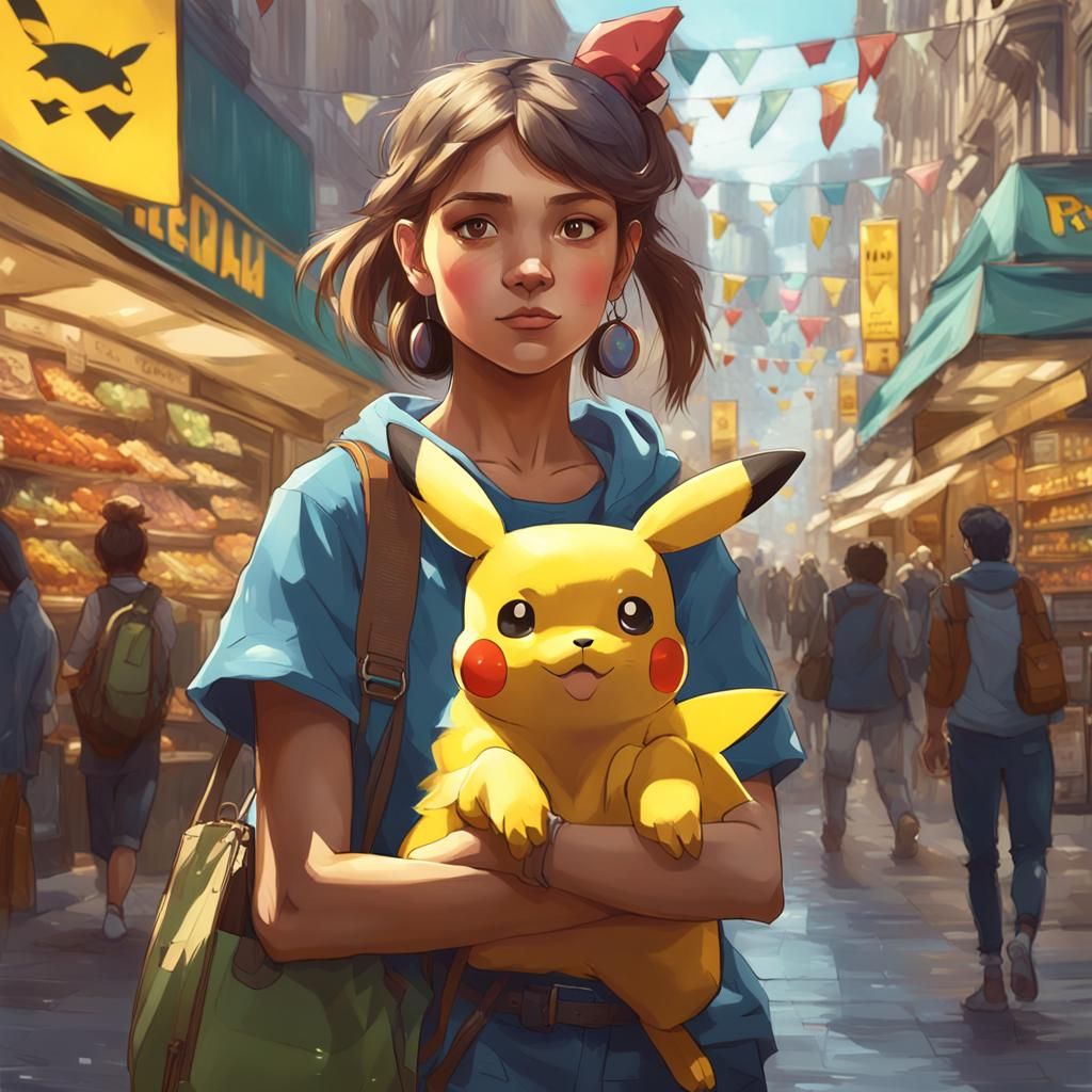 Girl and Pikachu Shopping, Hyperdetailed Concept Art