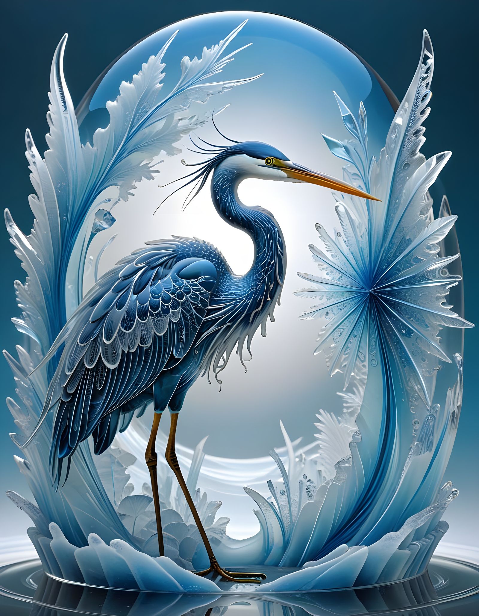 Transparent Ice Heron Statue in Expressionist Style