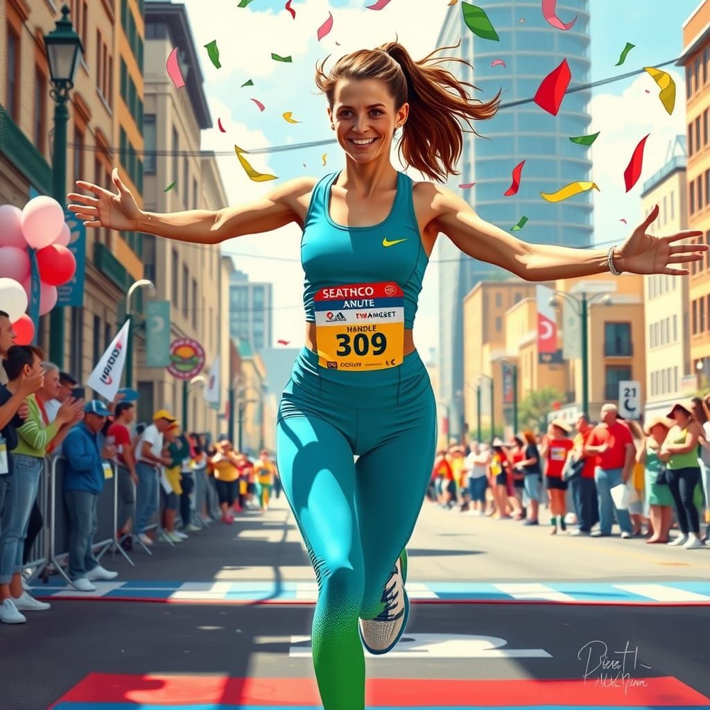 Marathon Runner Celebrates Victory in Vibrant Cityscape