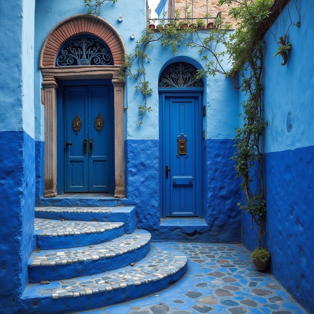 Whimsical Brick Label to Enchanted Blue Door in Chefchaouen