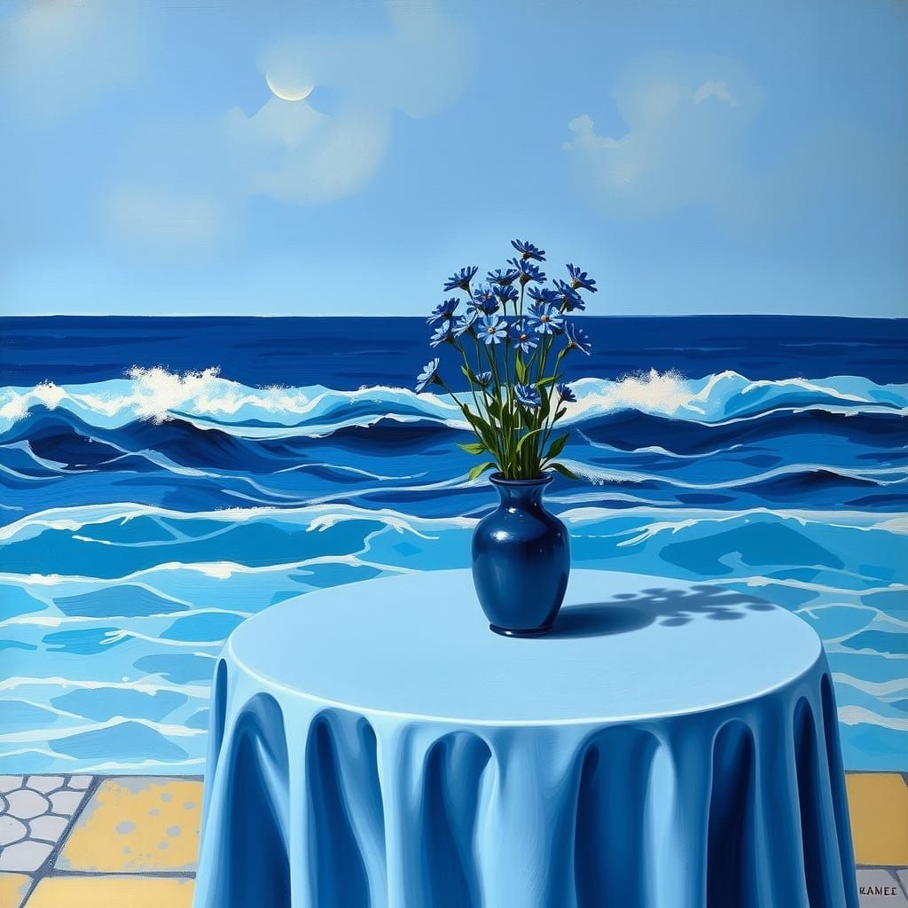 Blue Cornflowers Still Life with Ocean View