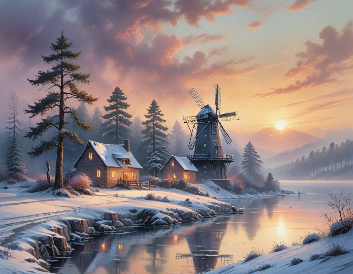 Watercolour Windmill at Misty Sunset