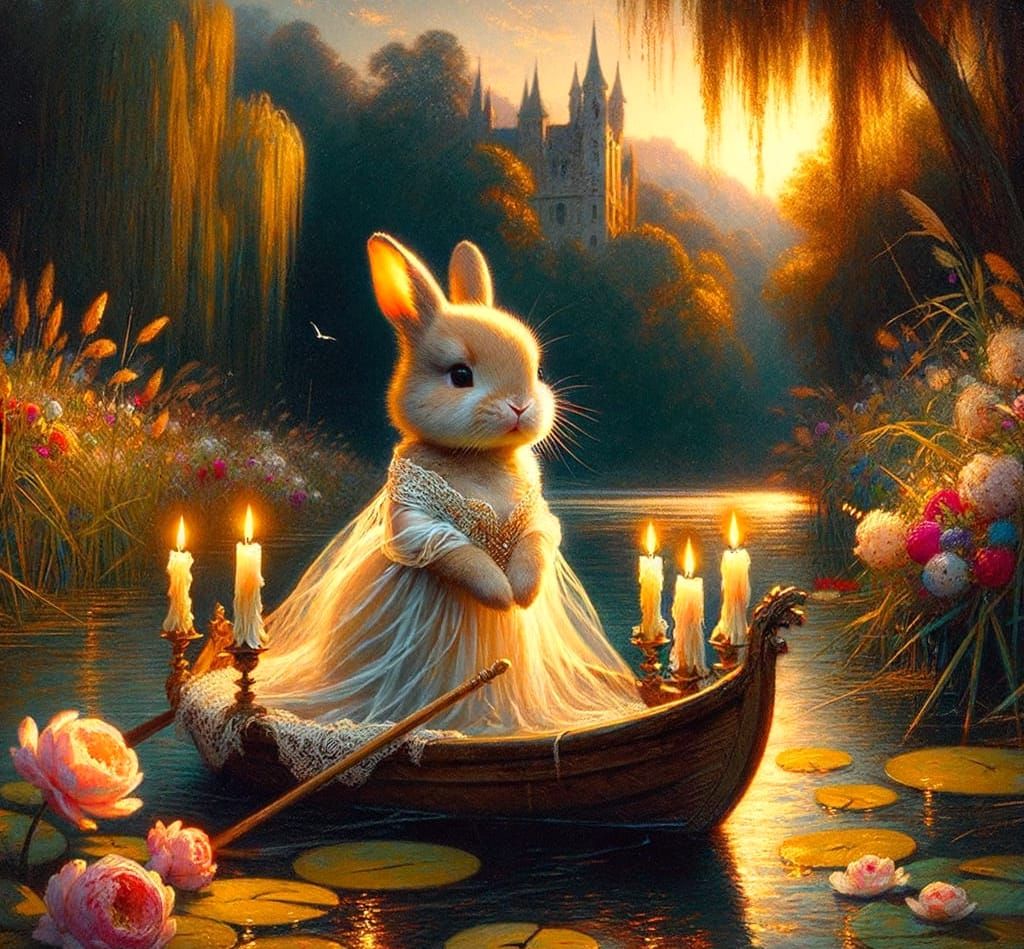 Victorian Romantic Bunny Maiden Floats on a River