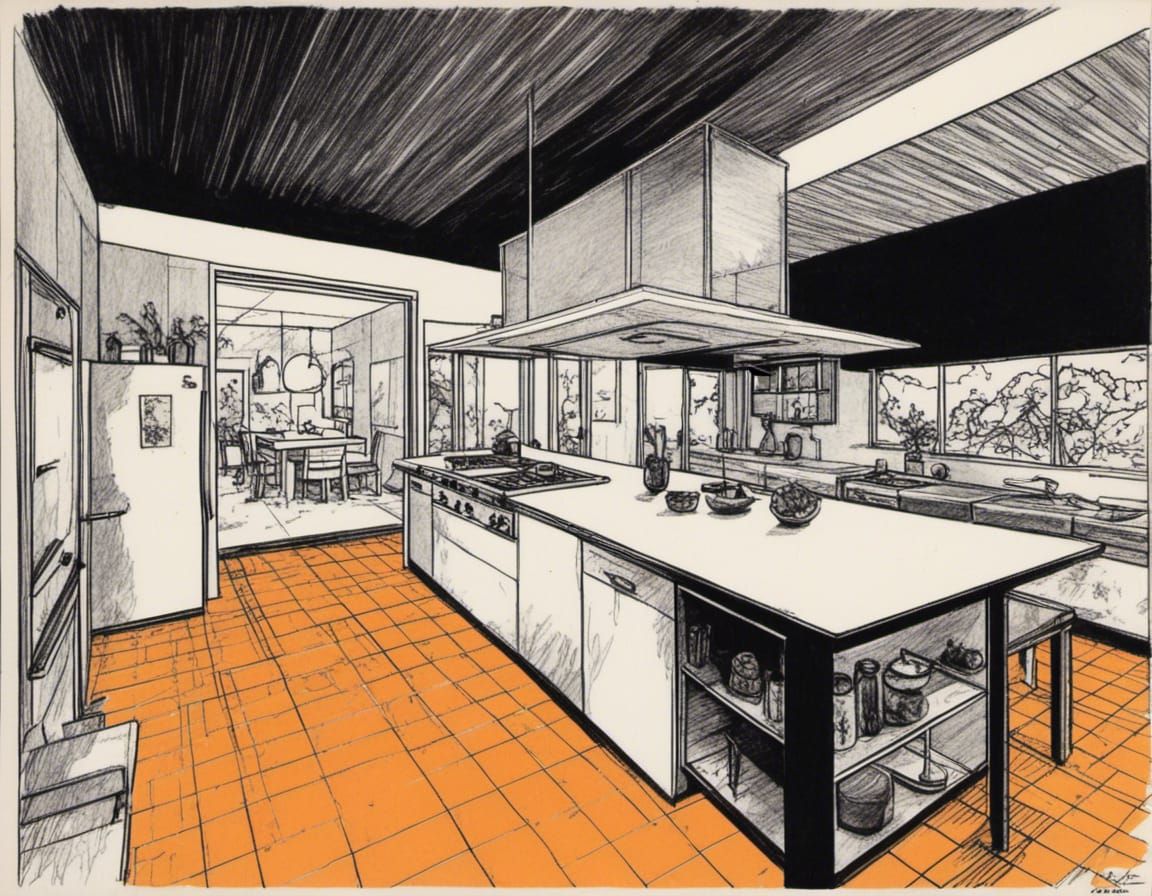 <lora:Hexadexy:1.0> kitchen interior of a midcentury-modern ...