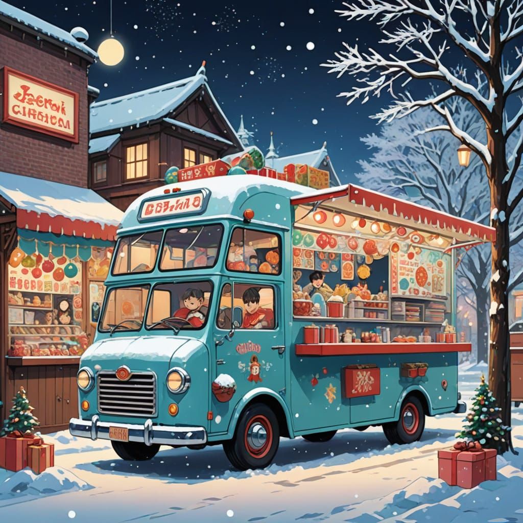 Retro-Futuristic Christmas Food Truck in Vibrant Anime Style