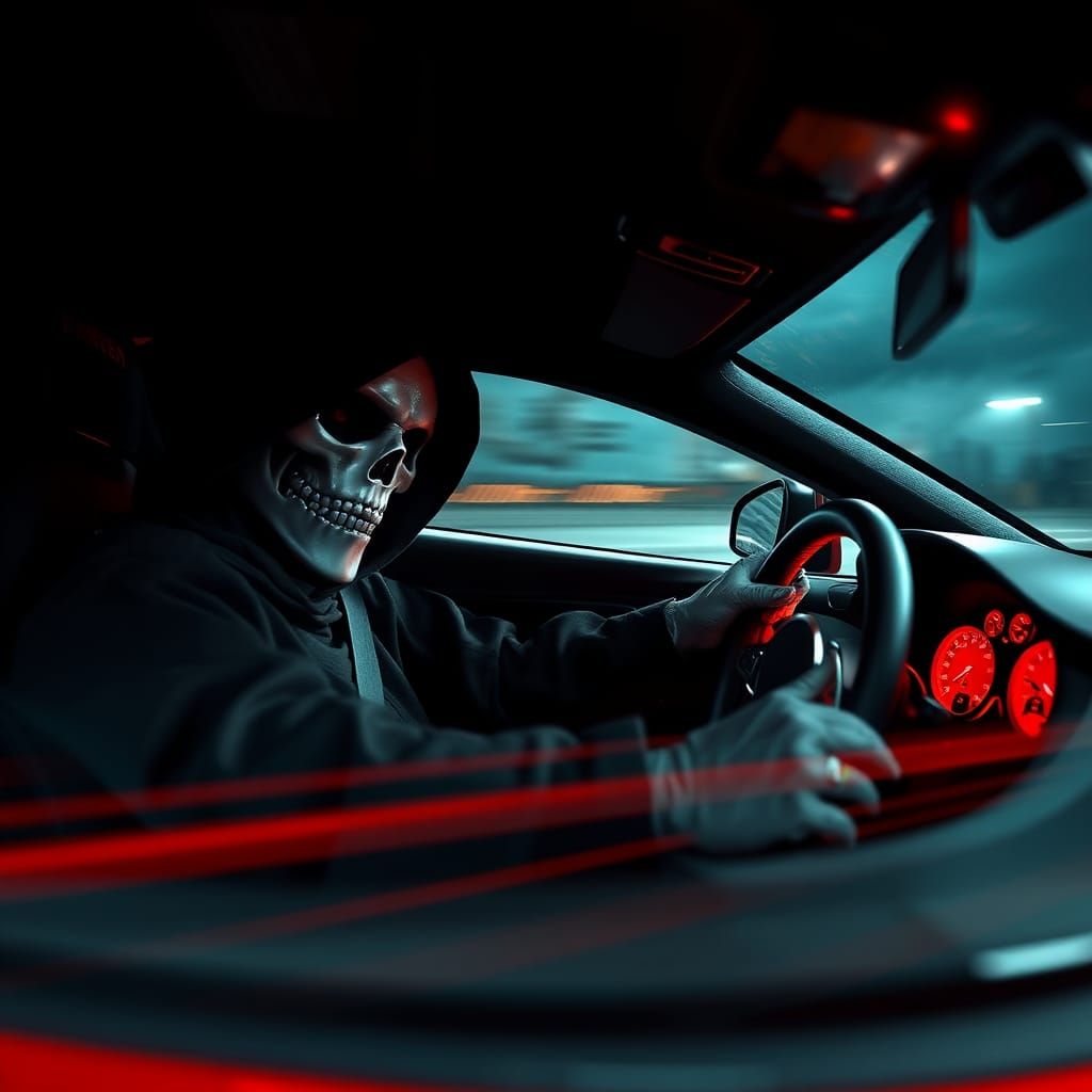 Grim Reaper Drives Supercar in Dynamic Motion