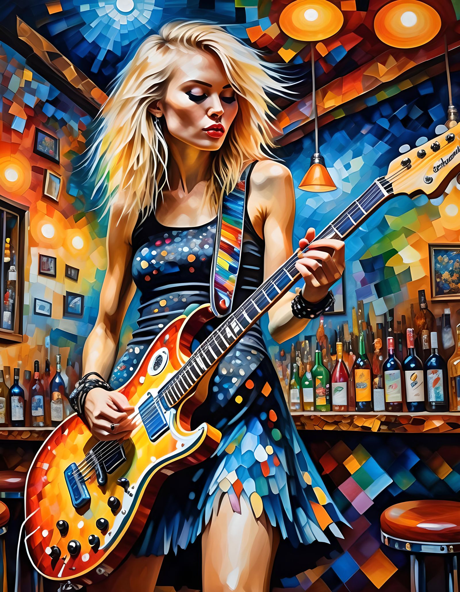 Blonde Rocker Lady Guitar Performance in Vibrant Bar