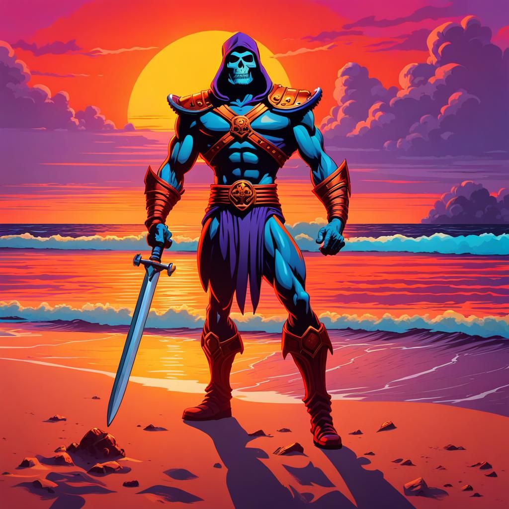 Skeletor on the beach at sunset, Nacarat_Color Palette, MAsters of the Universe, MOTU