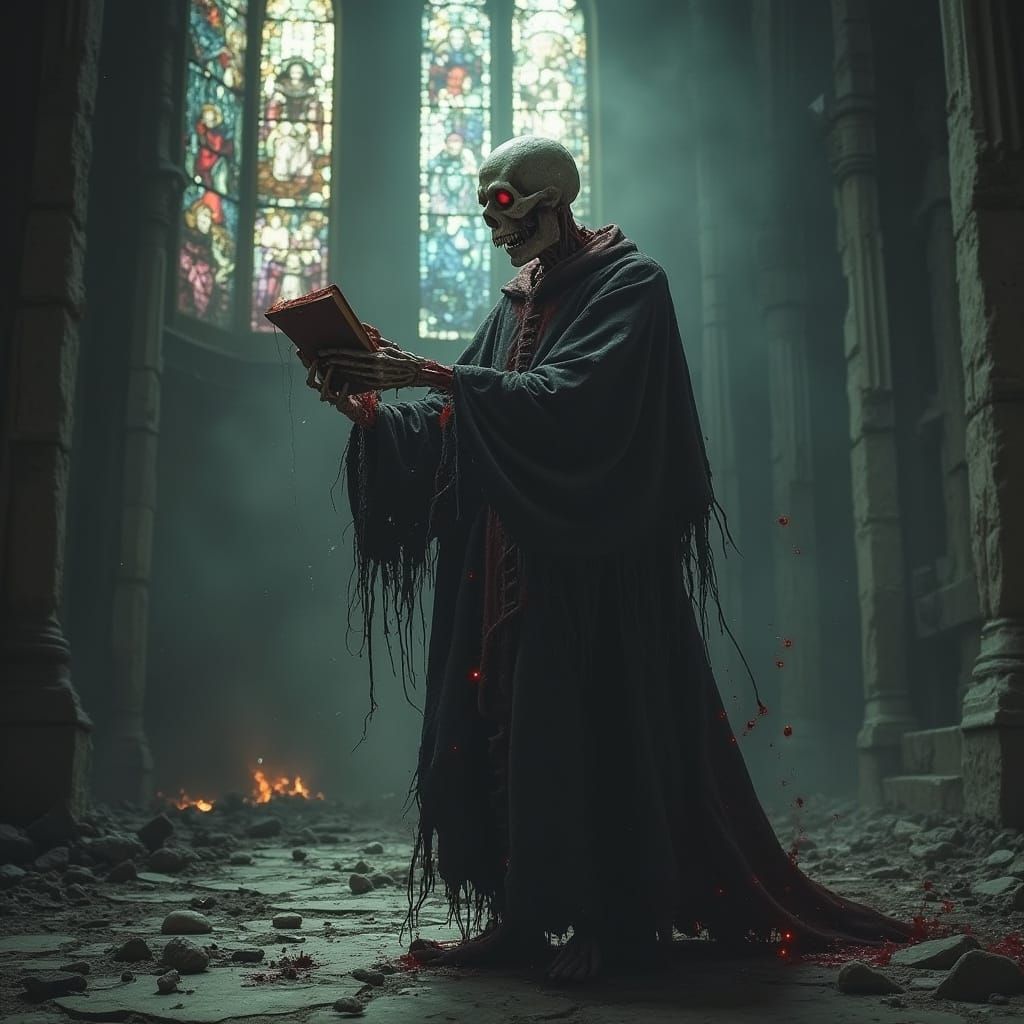 Grotesque Zombie Priest in Ruined Cathedral