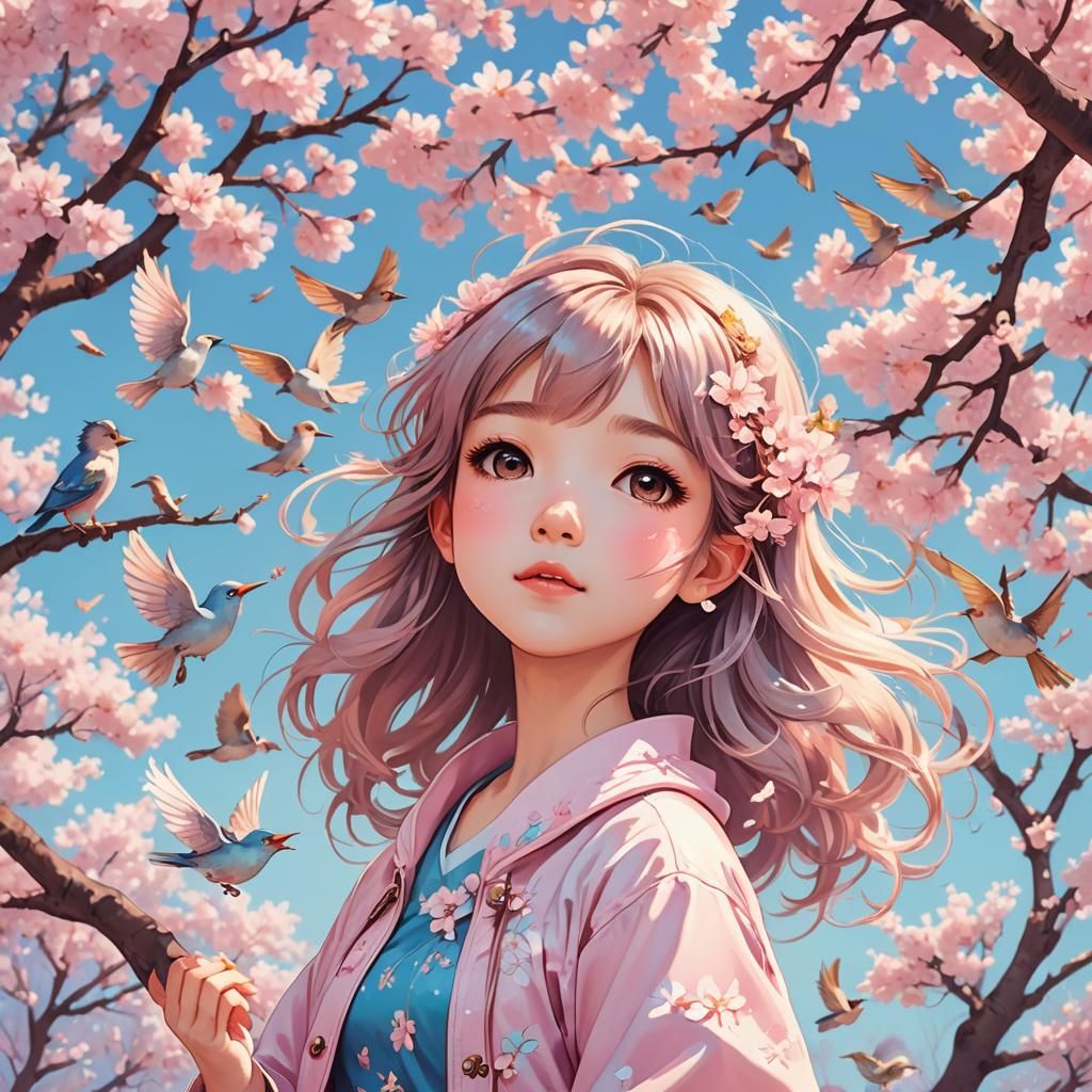 Chibi Anime Girl with Birds and Cherry Blossoms