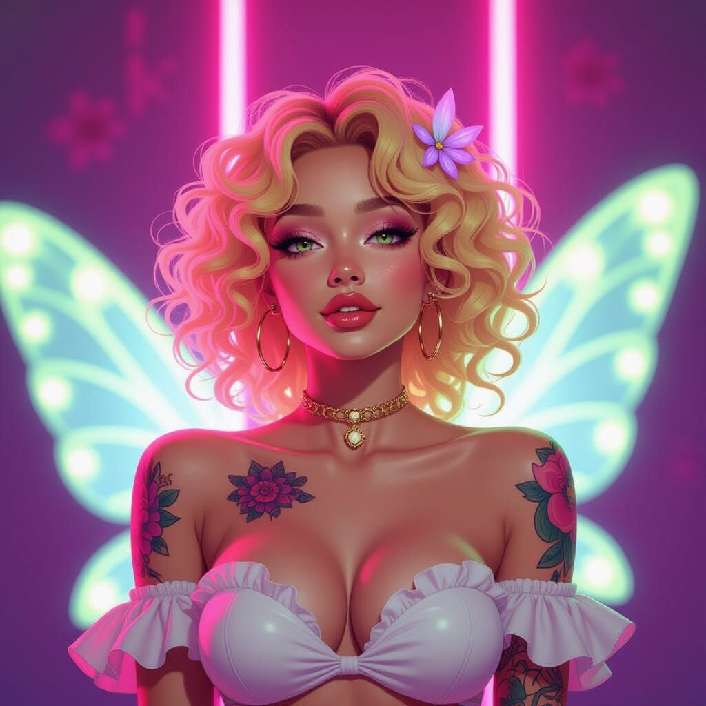 Vibrant Neon Fairy Lady in Anime Style
