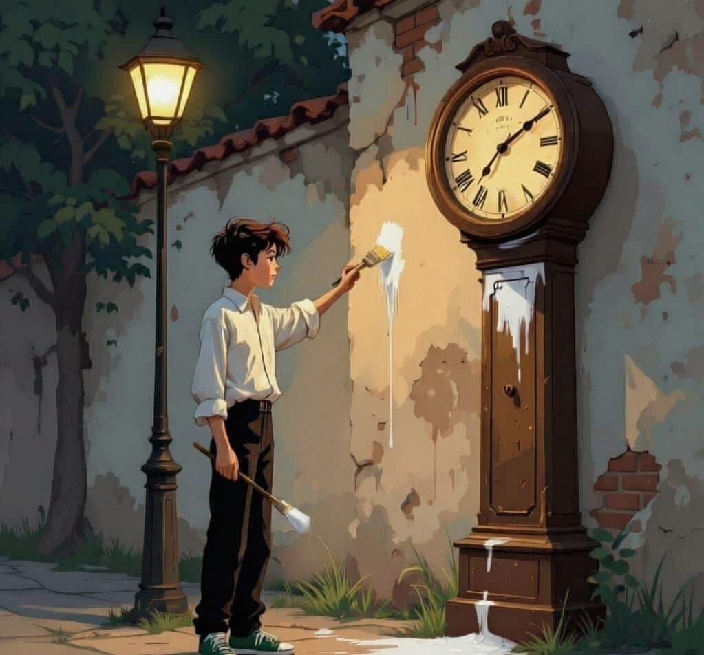 Teen Paints Clock Red at Dusk
