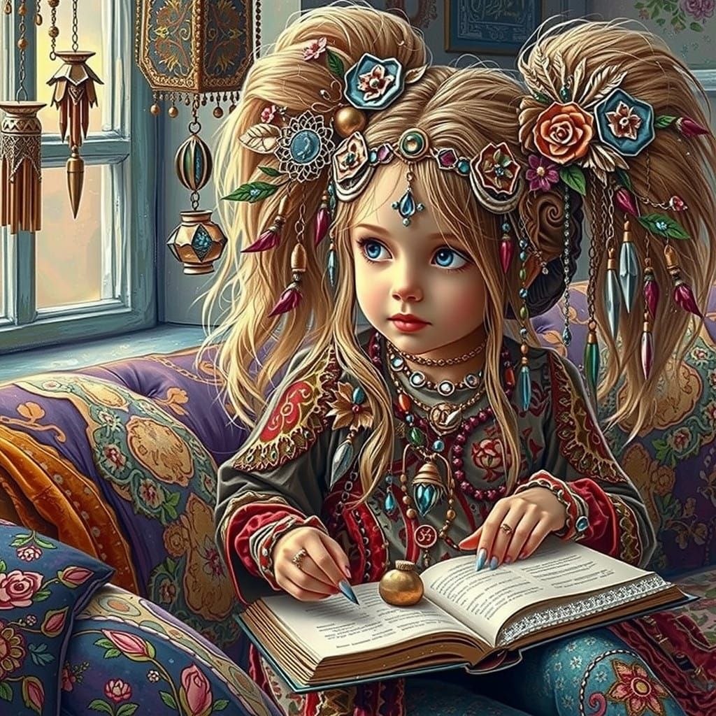 Whimsical Girl Reads on Velvet Couch