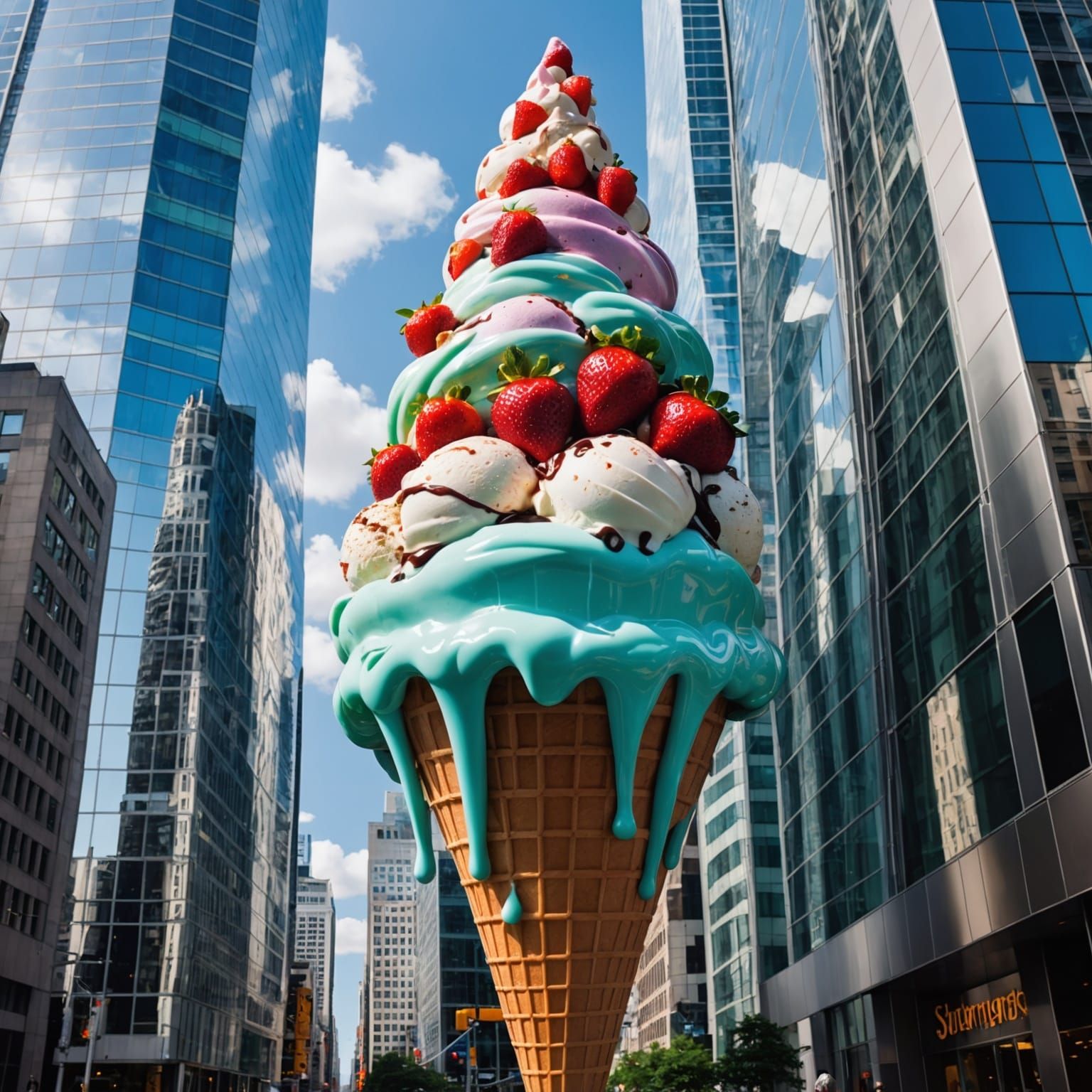 Giant Ice Cream Cone Melts Over City Skyscraper