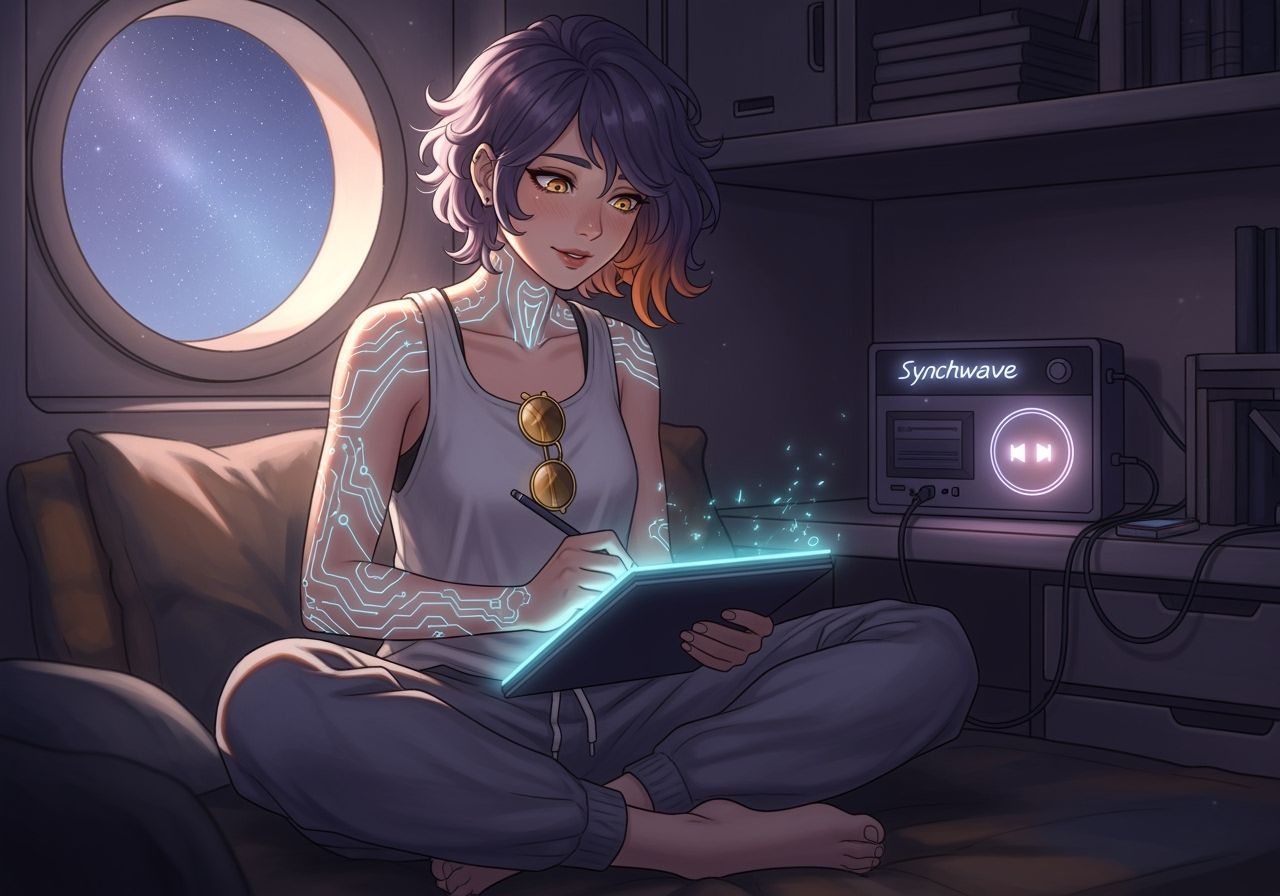 Cybernetic Captain Sketching in Cozy Quarters, Anime Style