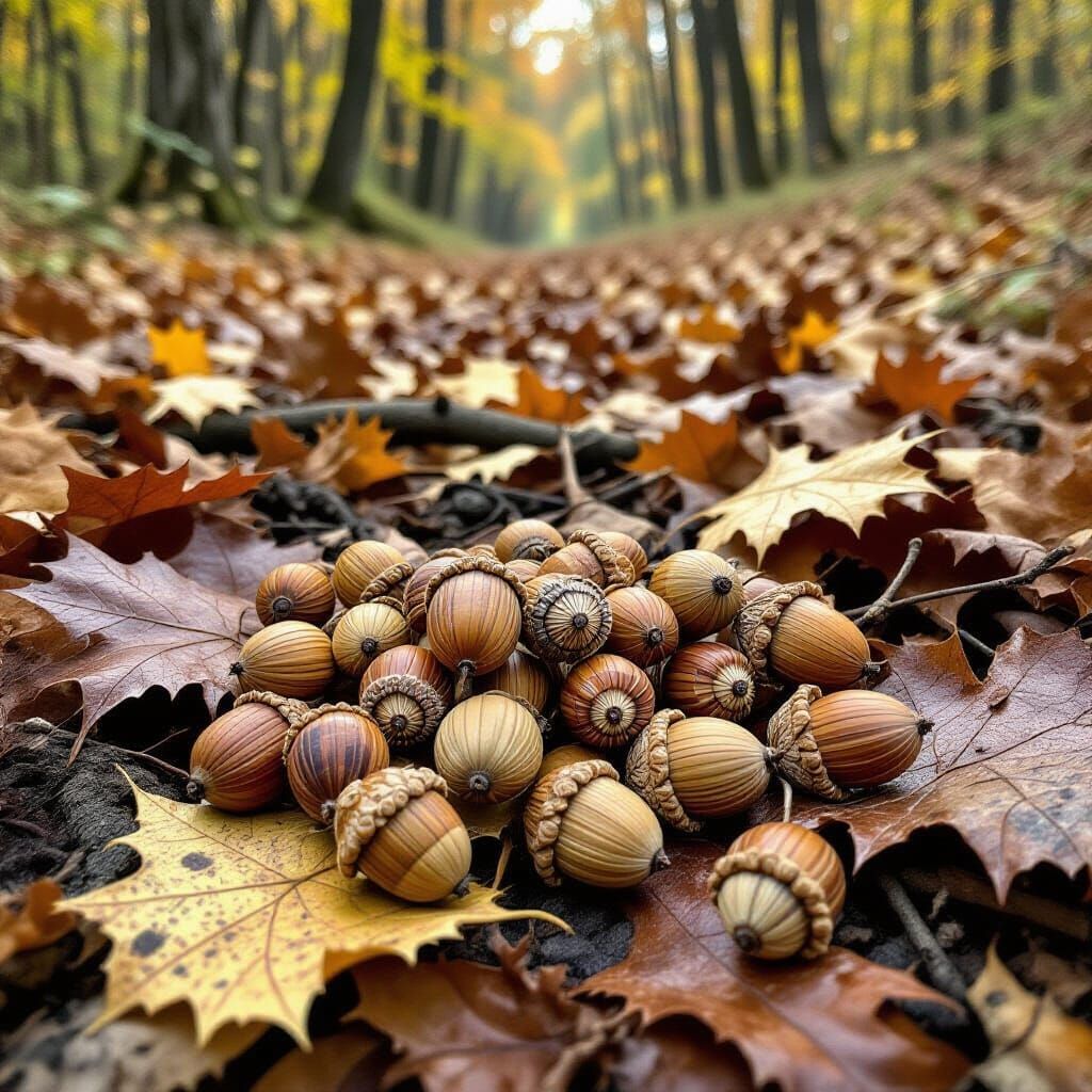 Realistic Acorns on Forest Floor with Fallen Leaves