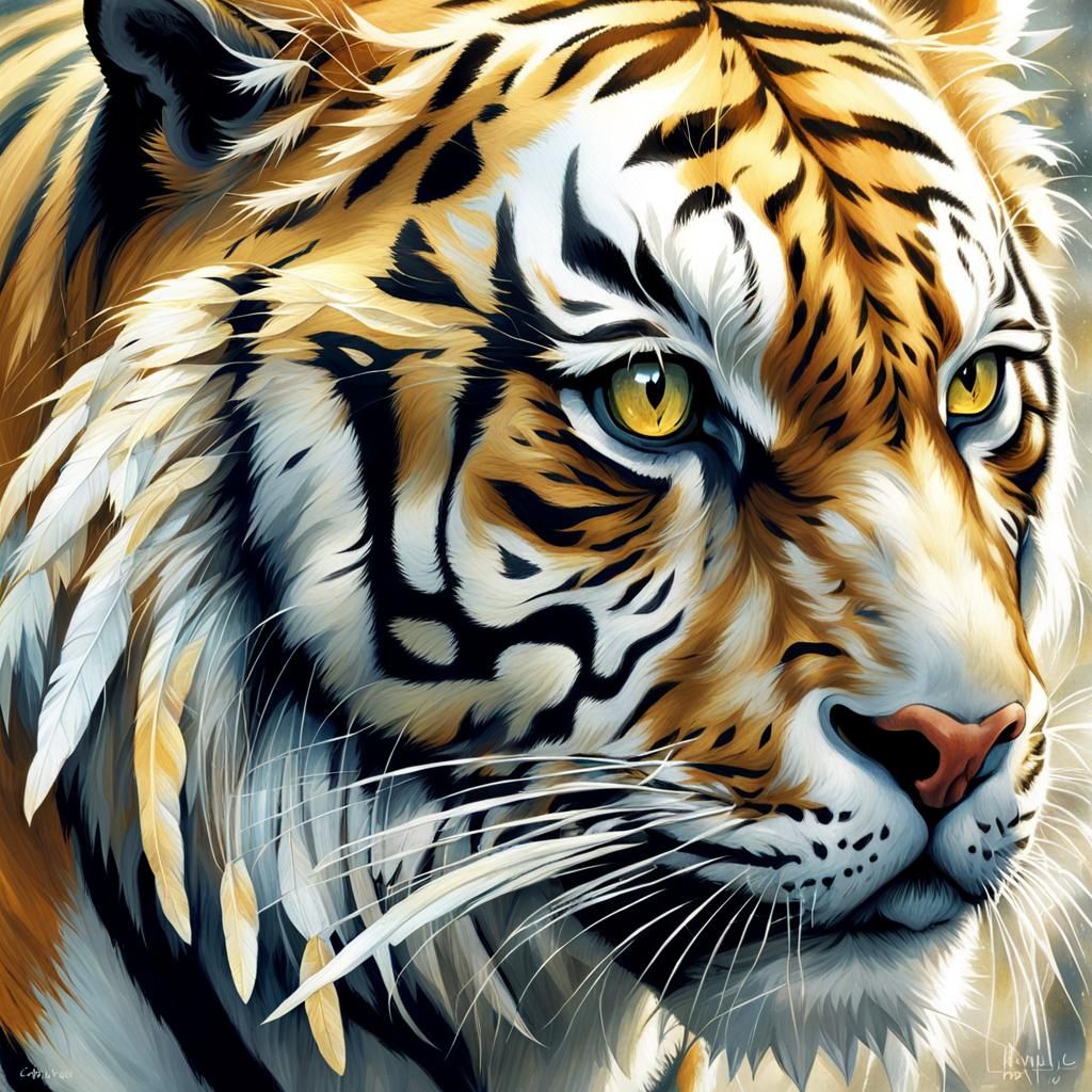 Elven White Tiger with Golden Feathers
