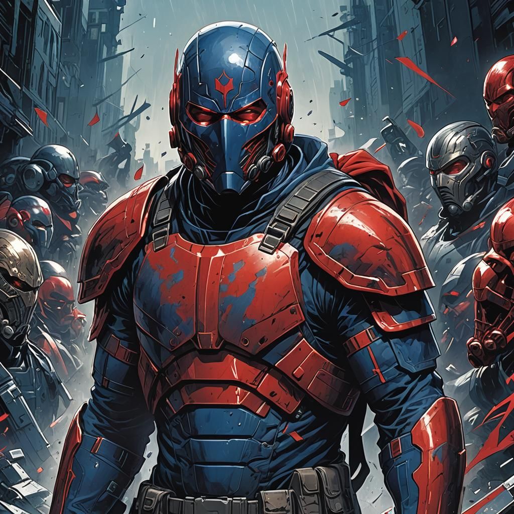 Masked Man in Red and Blue Armor, Comic Book Art