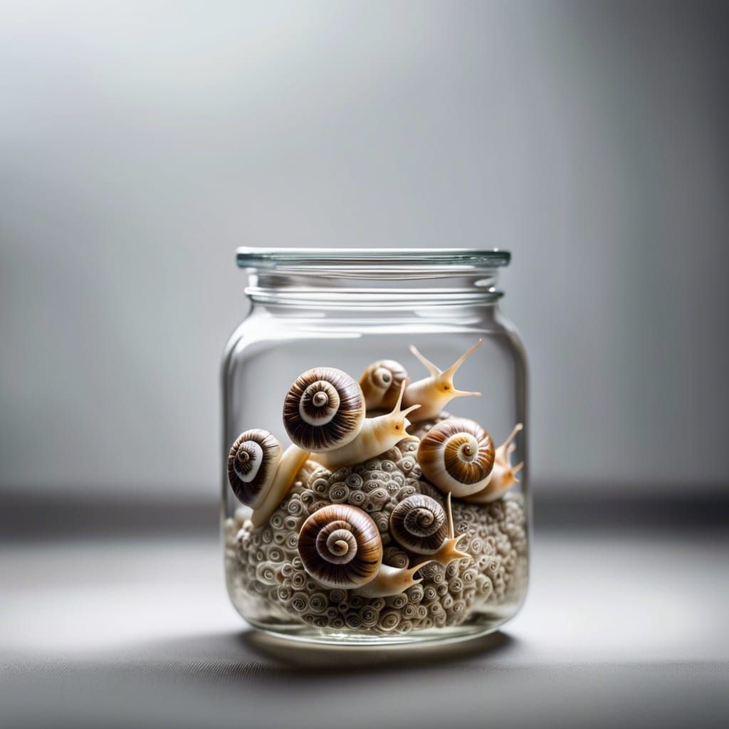 Snails in maze on a glass jar. super detailed in high definition, with a very realistic image, post processing in Lightr...