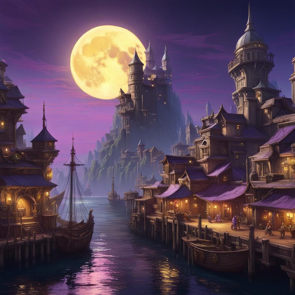 Moon Elf Port City: Dark Fantasy Art