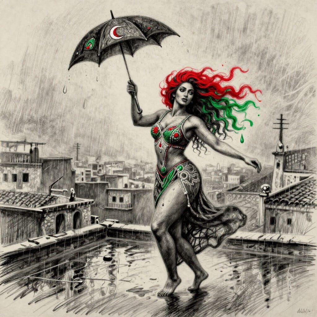 Palestinian Woman Dancing on Rooftop Surreal Charcoal Sketch