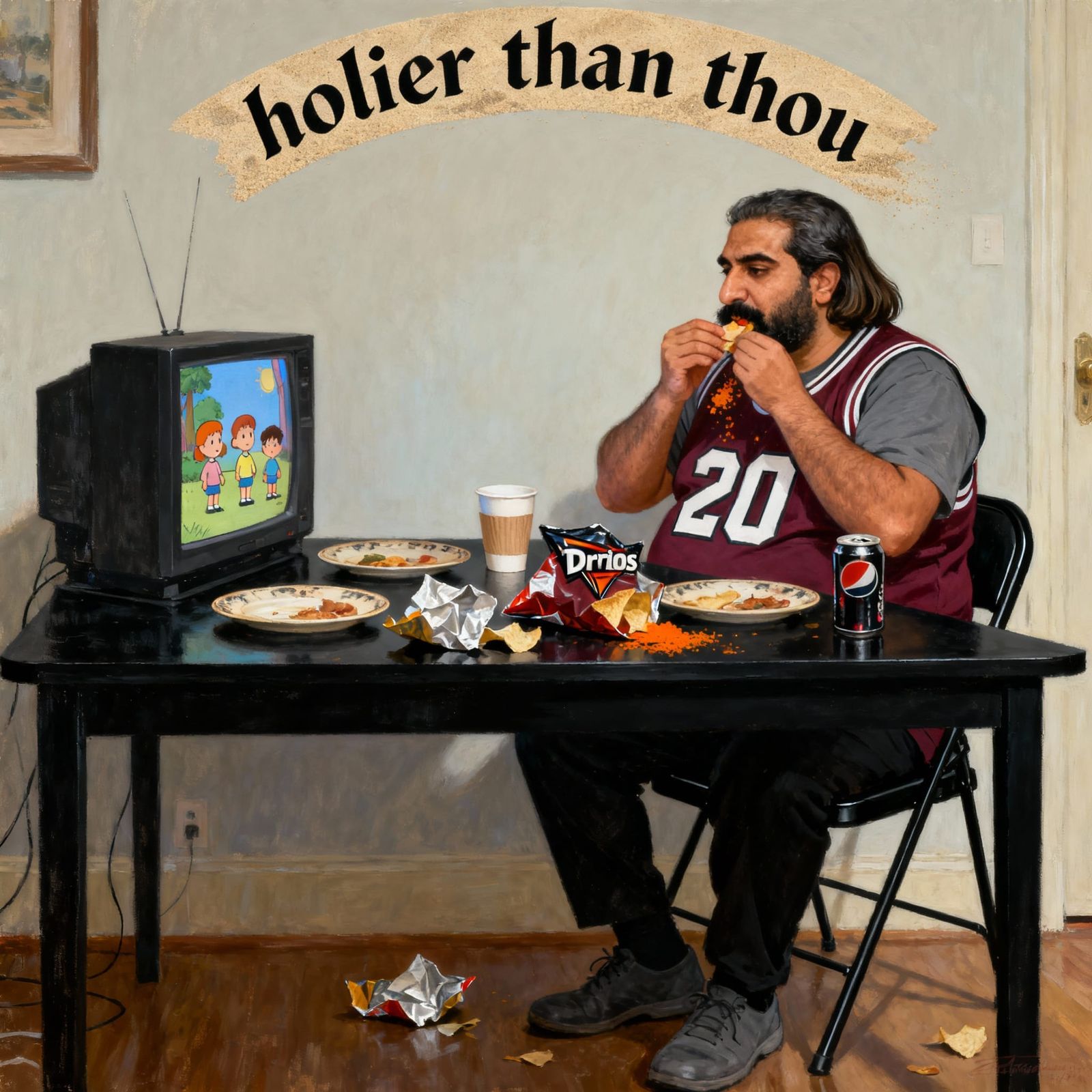 Portly Man Watches Cartoons With Dorito Dust