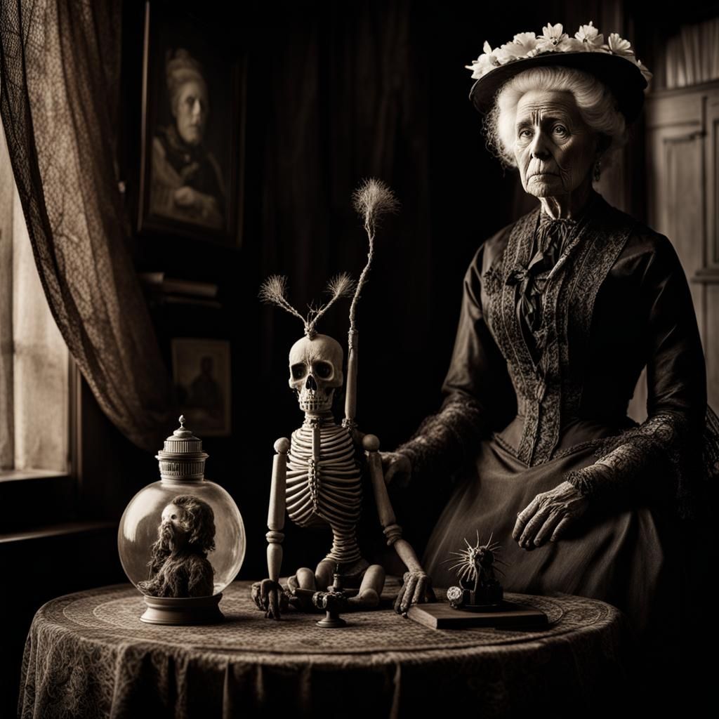 Macabre Old Woman with Voodoo Doll, Vintage Style